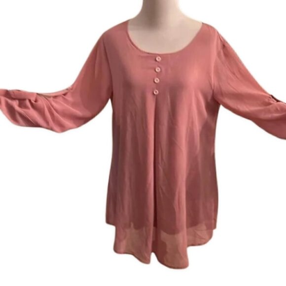 Cestyle Sheer Blouse Pink Blush Front Button Roll Up Sleeves W M - Picture 2 of 4